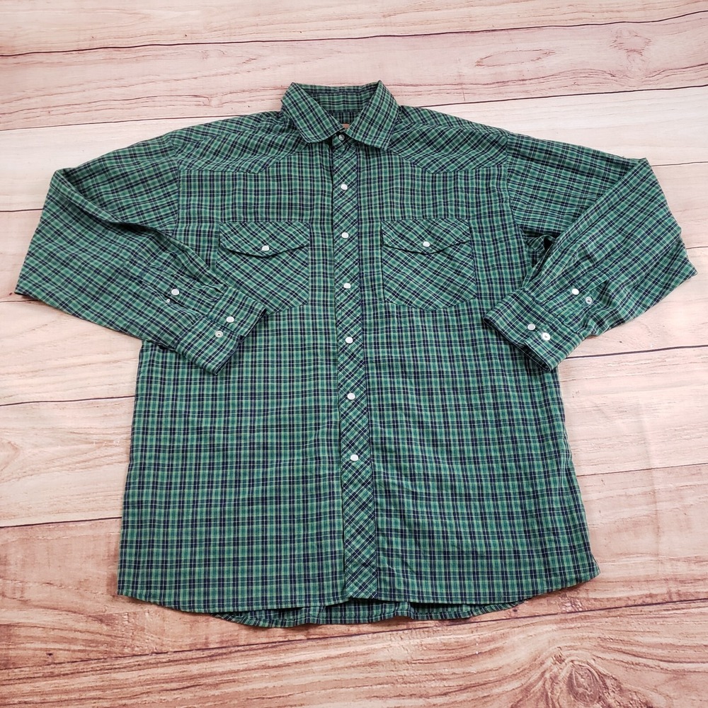 Chute 17 Shirt Mens Large Green Outdoor Western Pearl Snap Plaid Cowboy Adult‎ *